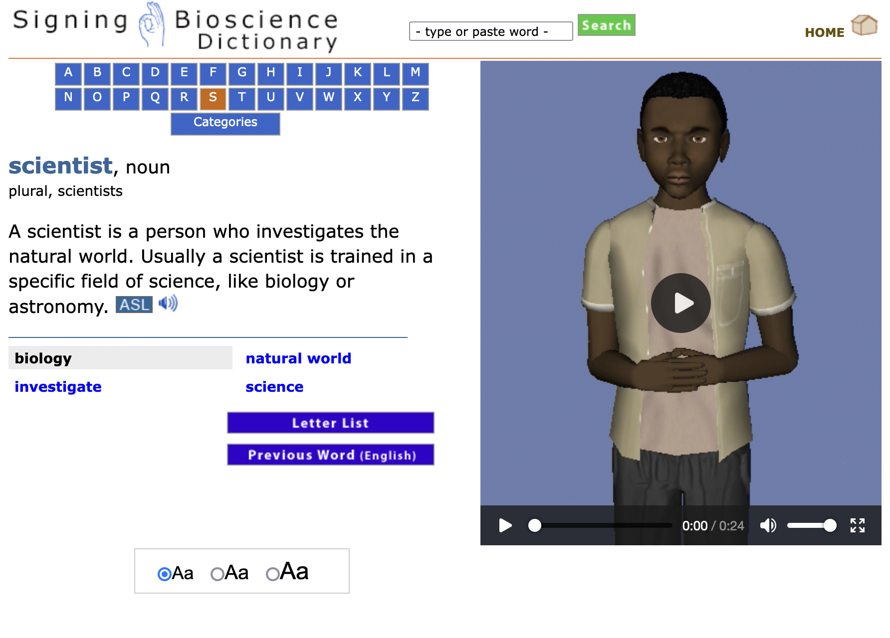 Screenshot of the Signing Bioscience Dictionary webpage
